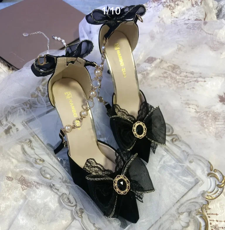 Handmade Flower Dark Black Pointed Thin Heeled Shoes