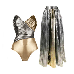 Metallic One-Shoulder Ruffled Bodysuit and Pleated Maxi Skirt Set