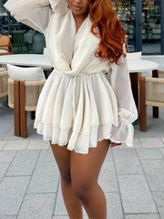 White V-Neck Ruffle Sleeve Mini Dress