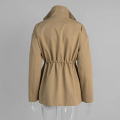 Drawstring Waist Standing Collar Trench Coat