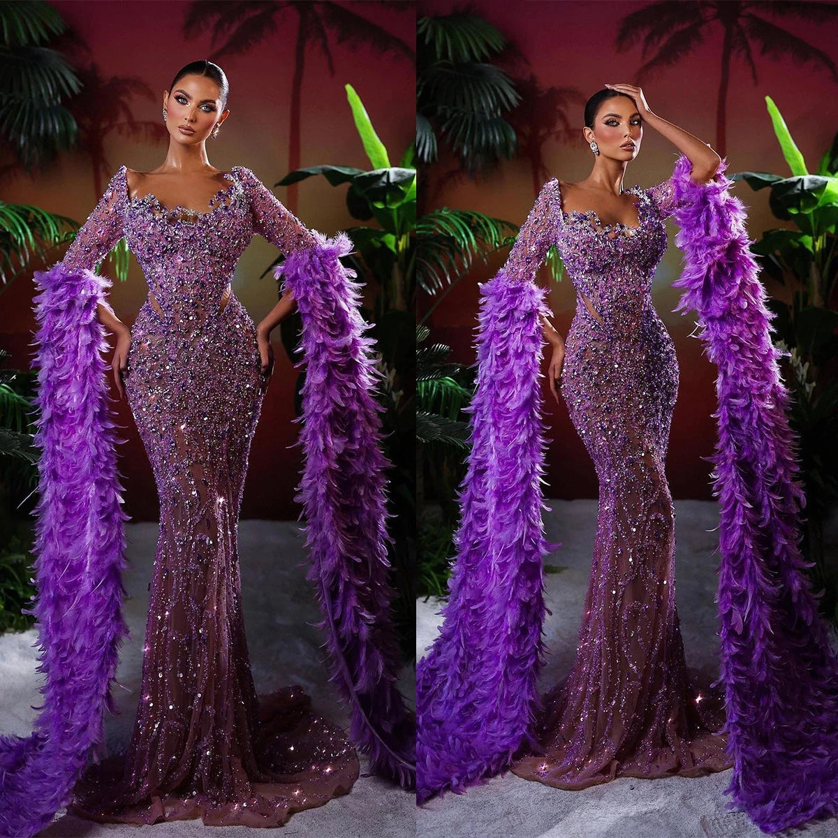 Mermaid Square Neck Long Feather Sleeve Sequin Prom Dress