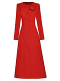 O-neck Bow Long Sleeve Front Split Thickened Red Dress
