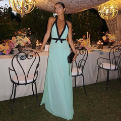 Halter neck ruched maxi dress with contrast trim