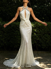 Sequin halter neck maxi dress with gem detail and twisted bodice