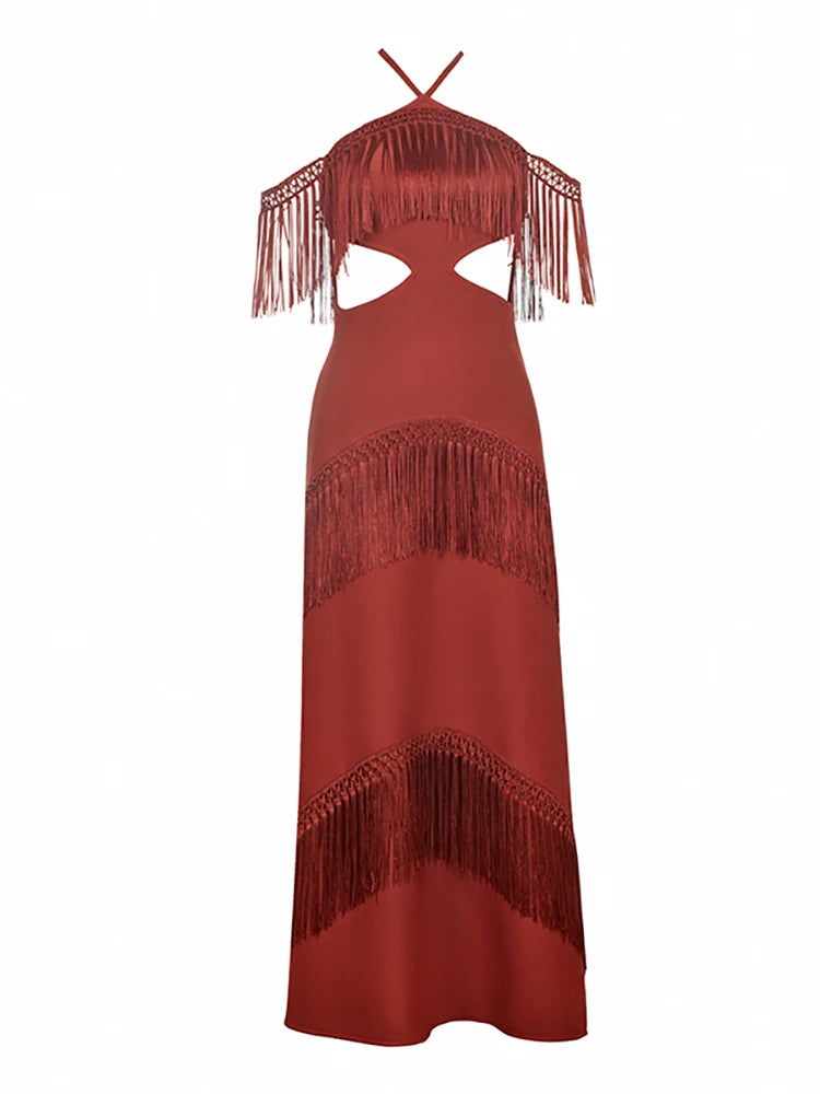 Red dress with fringe details on a white background