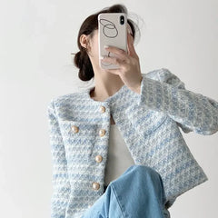 Blue Tweed Cropped Jacket With Pearl Button