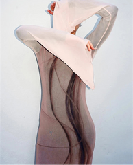 Close-up of sheer mesh maxi dress with bell sleeves and abstract print