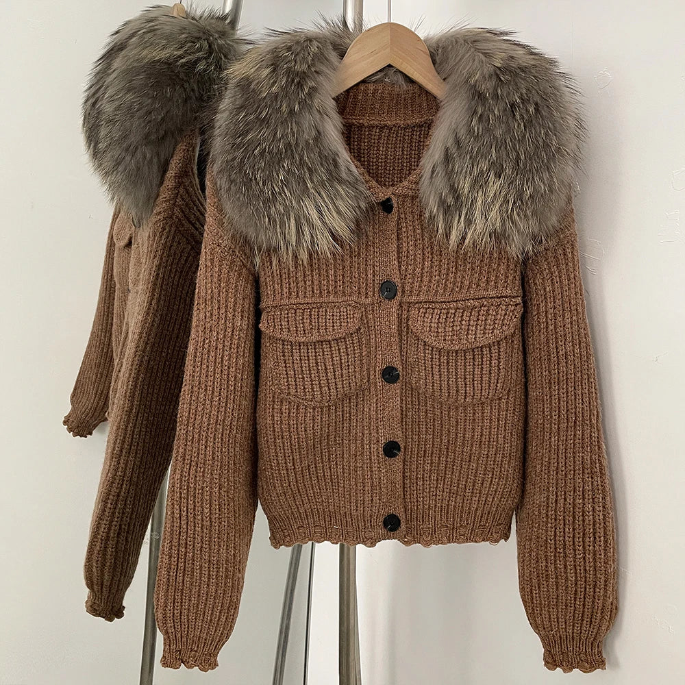 Brown ribbed knit jacket with a large natural fox fur collar.