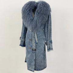 Blue denim coat with fur hood 