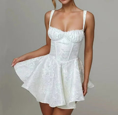 Jacquard Satin Ruched Bra Corset style Ball Gown White Mini Dress