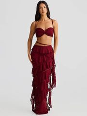 Fringe Layer Maxi Skirt And Bralette Set.