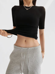 Half Sleeve O-Collar Knitting Rib Crop Tee