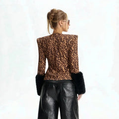 Leopard Print Fur Trim Long Sleeve Top
