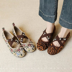 Embroidered Floral & Leopard Print Mary Jane Flats