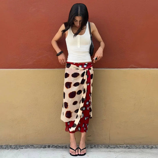 Woman wearing a printed wrap midi skirt