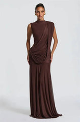 Brown draped mock neck sleeveless maxi dress with side cutout