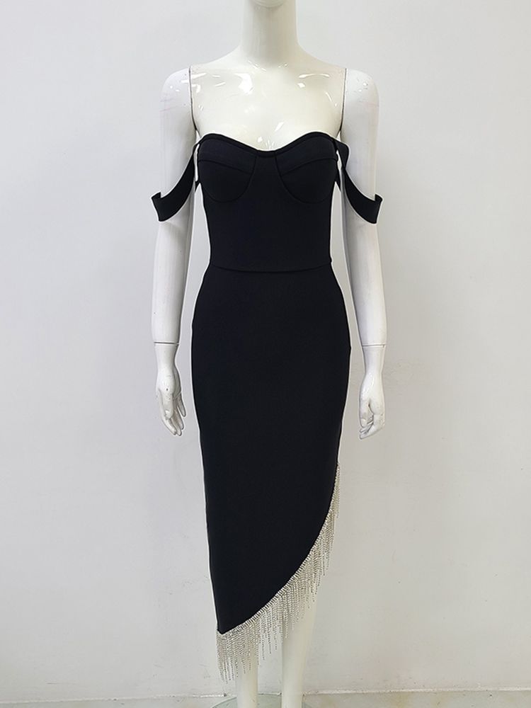 Women's V-neck Off Shoulder Diamond Tassel Asymmetric Midi Dress 