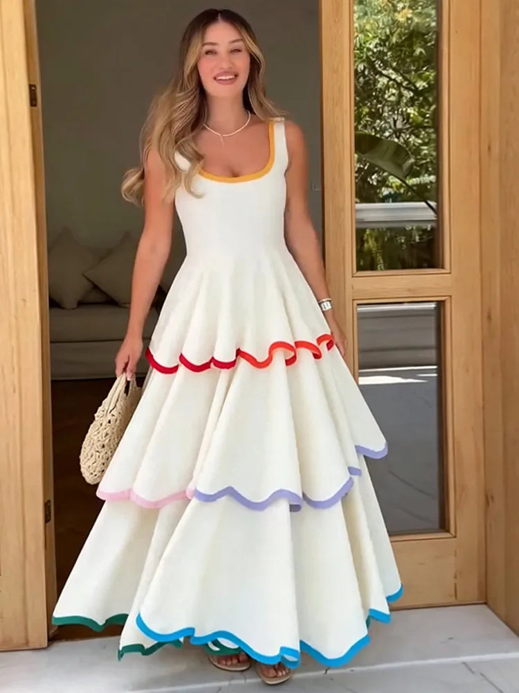 White ruffled hem maxi dress with colorful trim