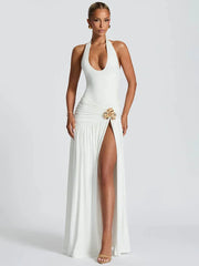 Elegant solid halter backless maxi skirt set in brown.