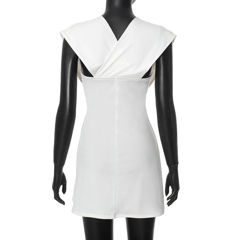 White Solid V Neck Open Shoulder Sleeveless Mini Dress