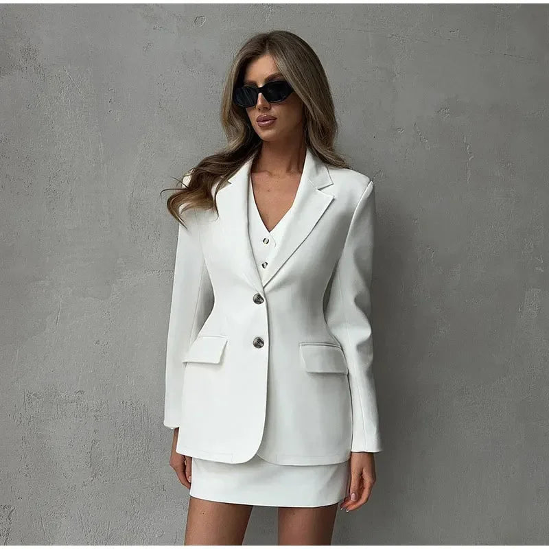 Elegant Women's Blazer Coat and Mini Skirt Set - Autumn Outfit