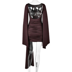 Draped Long Flare Sleeve Backless Bodycon Mini Dress