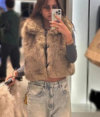 Faux Fur Lapel Sleeveless Vest Coat