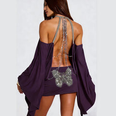 Purple flare sleeve chain backless mini dress with butterfly embellishment