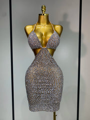V-Neck Sleeveless Crystal Embellished Bodycon Mini Dress Front View
