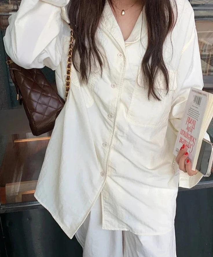 Notched Collar Apricot Shirts Long Sleeve Loose Blouse