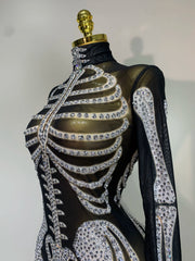 Long Sleeve Skeleton Rhinestone Mesh Jumpsuit