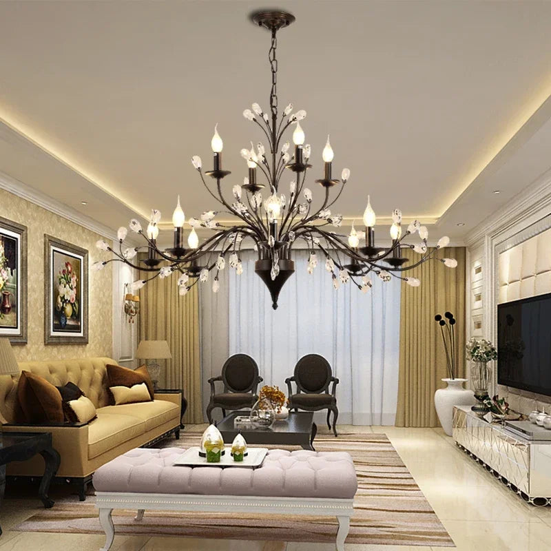 LED crystal brunch rod chandelier with branch-like candle arms illuminating elegant living room