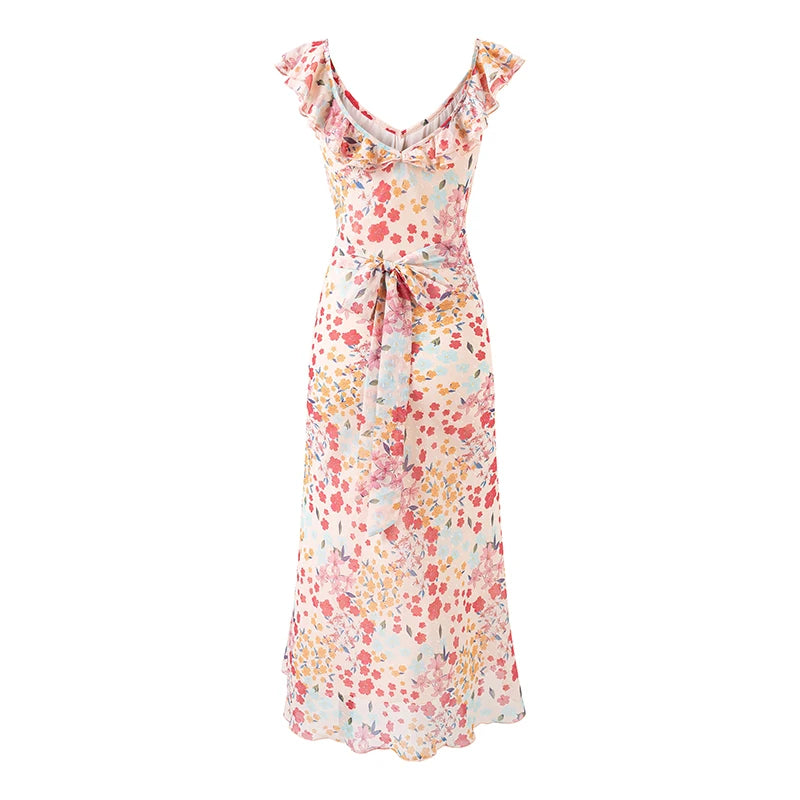 Ruffled V-neck sleeveless A-line midi dress with tie detail shown with a sash.