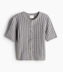Gray cable knit cardigan with button details on a white background