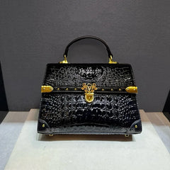 Structured Crocodile Embossed Leather Top Handle Bag