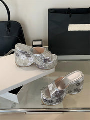 Floral Sequin Platform Wedge Sandals