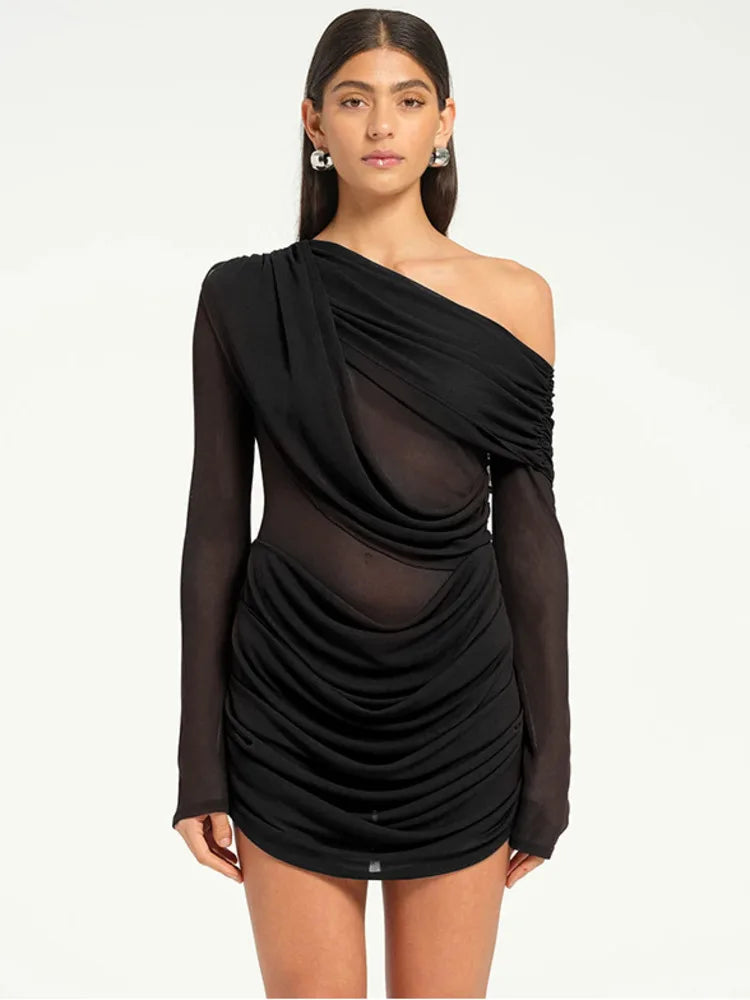 Black one-shoulder dress with sheer panels - front view