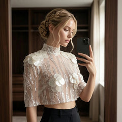 Silver Sheer Sequin Mock Neck Top and Mini Skirt Set
