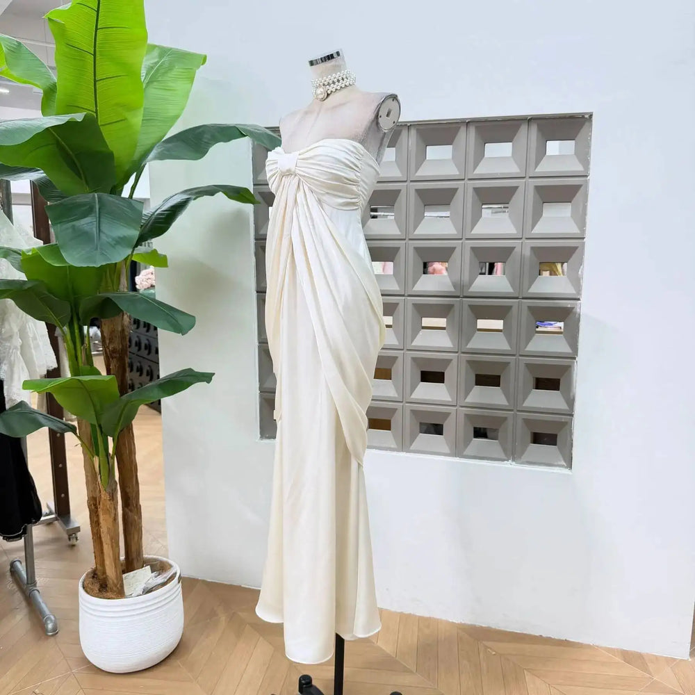 Satin ruched bodice draped maxi dress