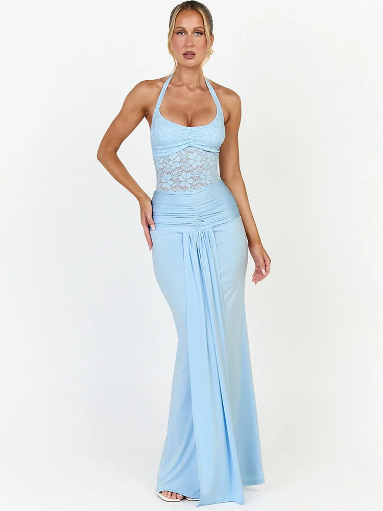 Halter neck maxi dress with lace overlay