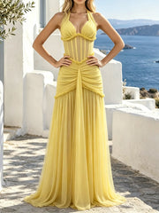 Sheath Halter Neck Ruched Maxi Dress