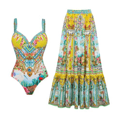 Yellow Print Ruffle Strap Swimwear Set