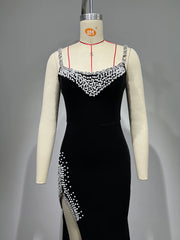 Pearl Spaghetti Strap Open Back Design Maxi Velvet Dress