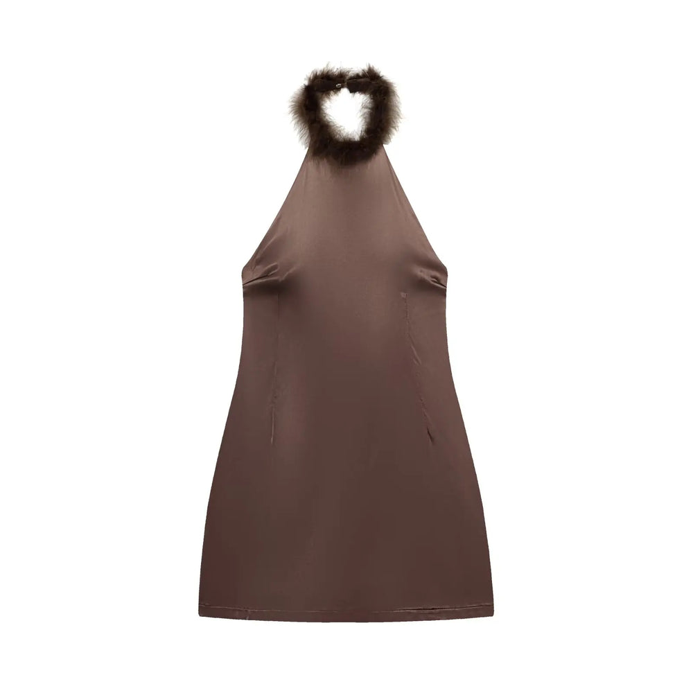 Brown halter dress with a fur-like top on a white background