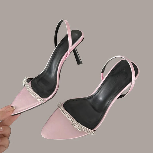 Crystal Buckle Pointed Toe Ankle Strap Thin High Heels Shoes