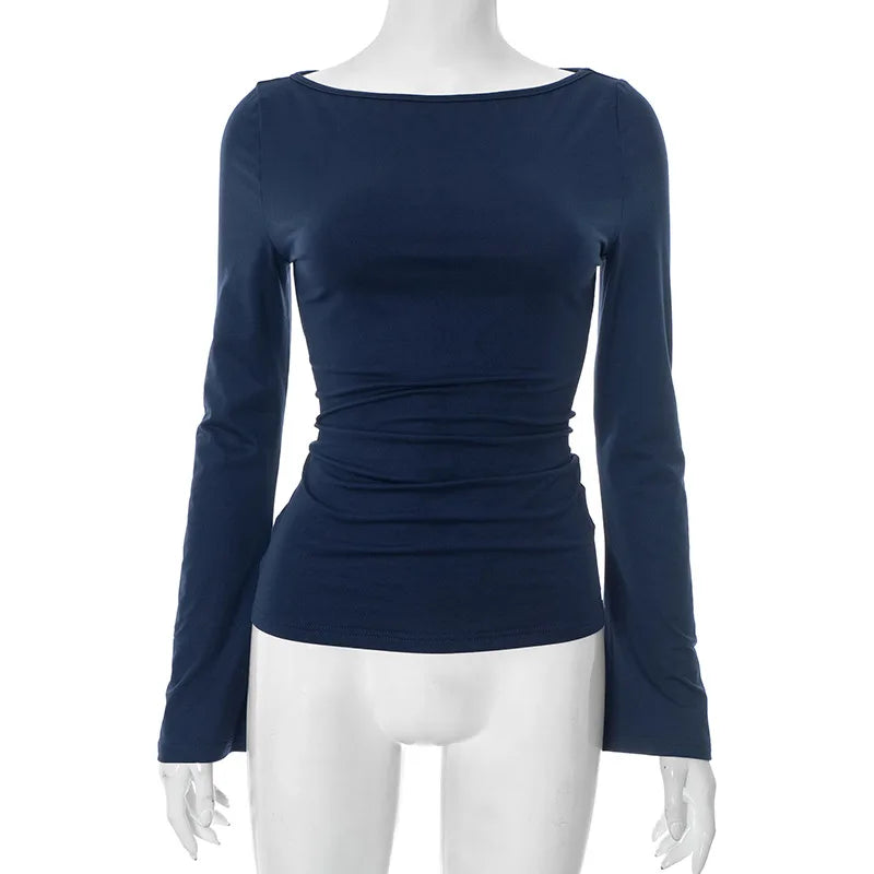 Navy blue long-sleeve top on a white mannequin against a white background