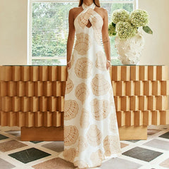 Shell print halter neck maxi dress front view