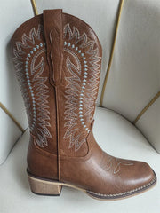 Embroidered Square Toe Block Heel Boots