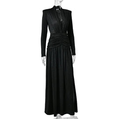 Long Sleeve Deep Neck Ruched Shimmering Slit Maxi Dress