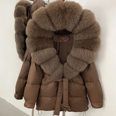 Brown puffer jacket with fur collar